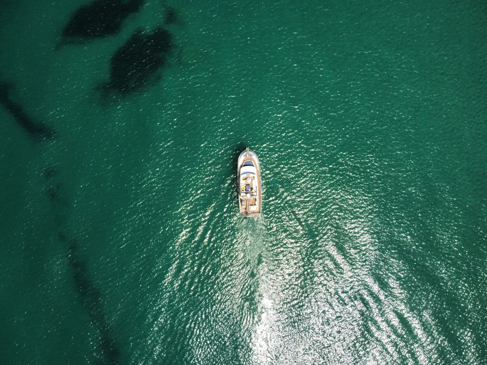 A boat crossing a green sea, seen from straight above